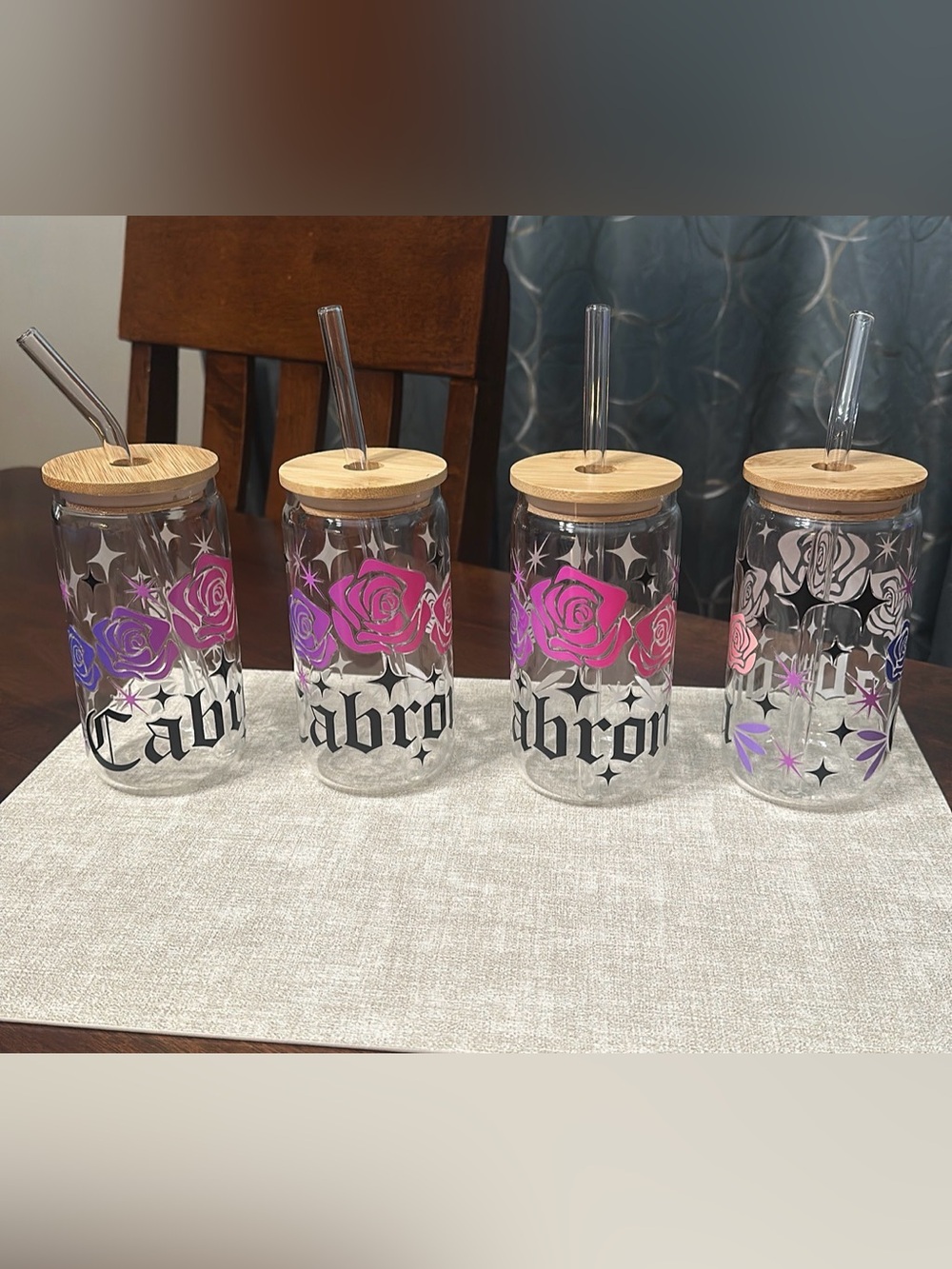 Glass Tumbler with Bamboo Lid and Pink Rose Design by